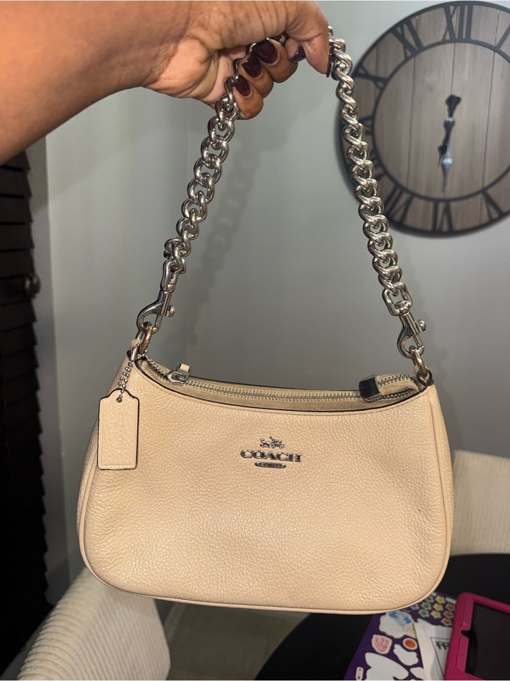 Coach Teri Pebbled Leather Cream Shoulder Bag with Chain Strap and Crossbody